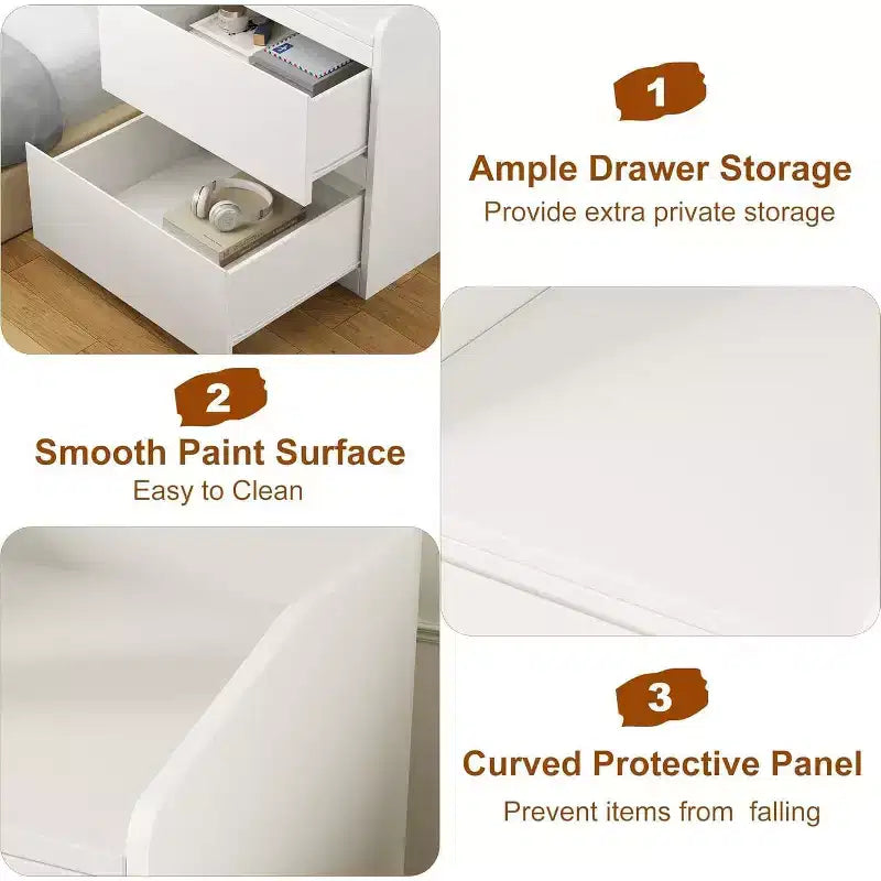 Comodino Moderno Bianco Curvo con 2 Cassetti Senza Maniglie – 1 o 2 Pezzi
