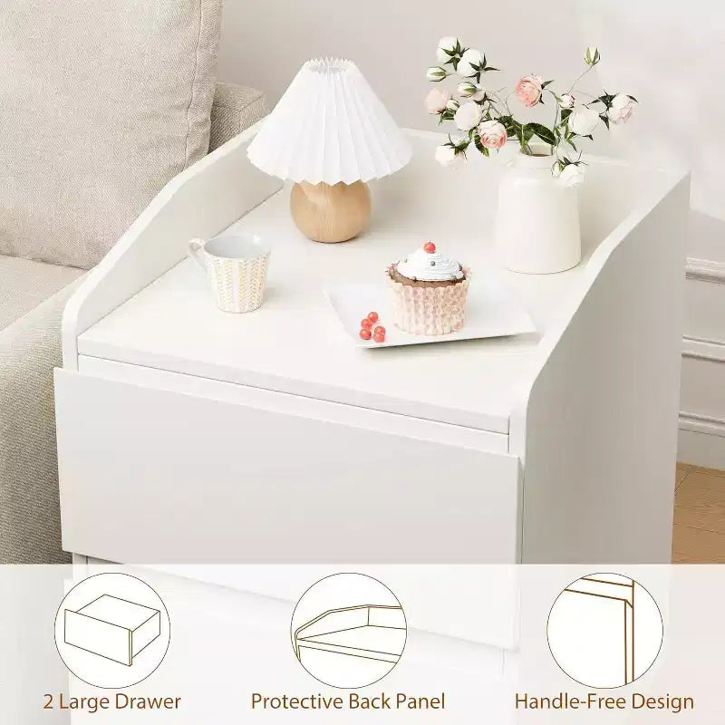 Comodino Moderno Bianco Curvo con 2 Cassetti Senza Maniglie – 1 o 2 Pezzi