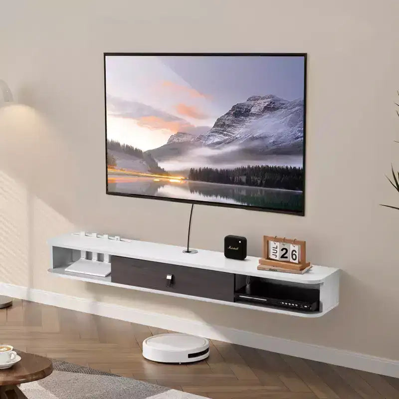 Mobile TV Galleggiante da Parete Bianco con Ante Contenitore, Adatto fino a 55 pollici, Montaggio per 1 Persona