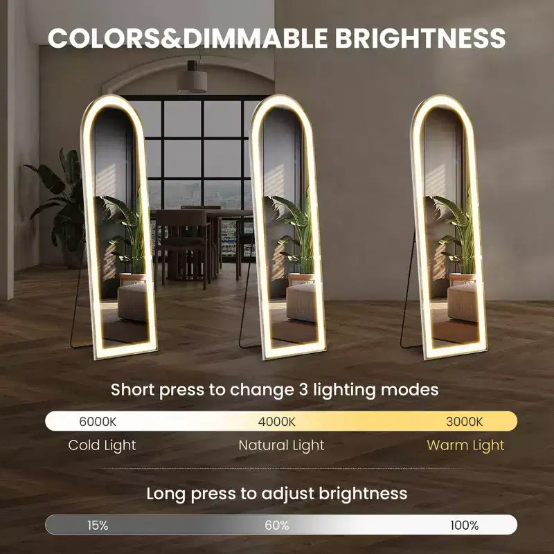 Specchio LED nero a figura intera, ad arco/rettangolare 60"×16", per 1 persona, da terra o da parete