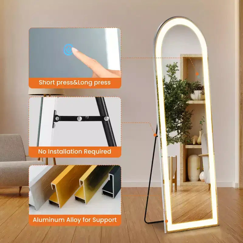 Specchio LED nero a figura intera, ad arco/rettangolare 60"×16", per 1 persona, da terra o da parete