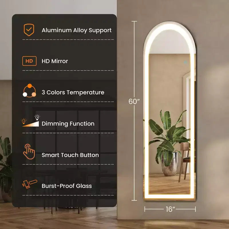 Specchio LED nero a figura intera, ad arco/rettangolare 60"×16", per 1 persona, da terra o da parete