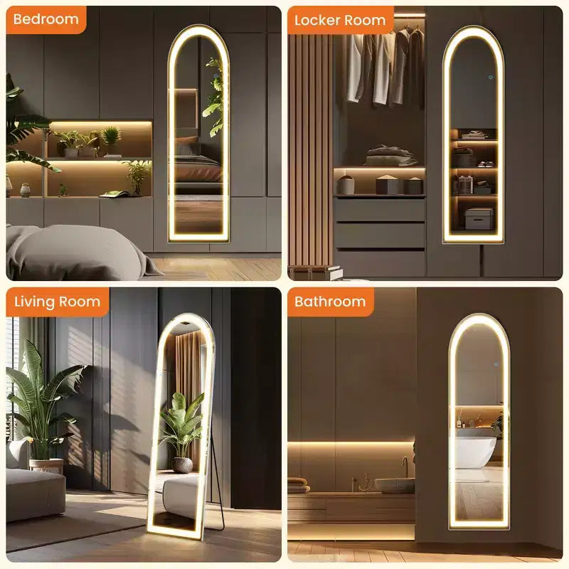 Specchio LED nero a figura intera, ad arco/rettangolare 60"×16", per 1 persona, da terra o da parete