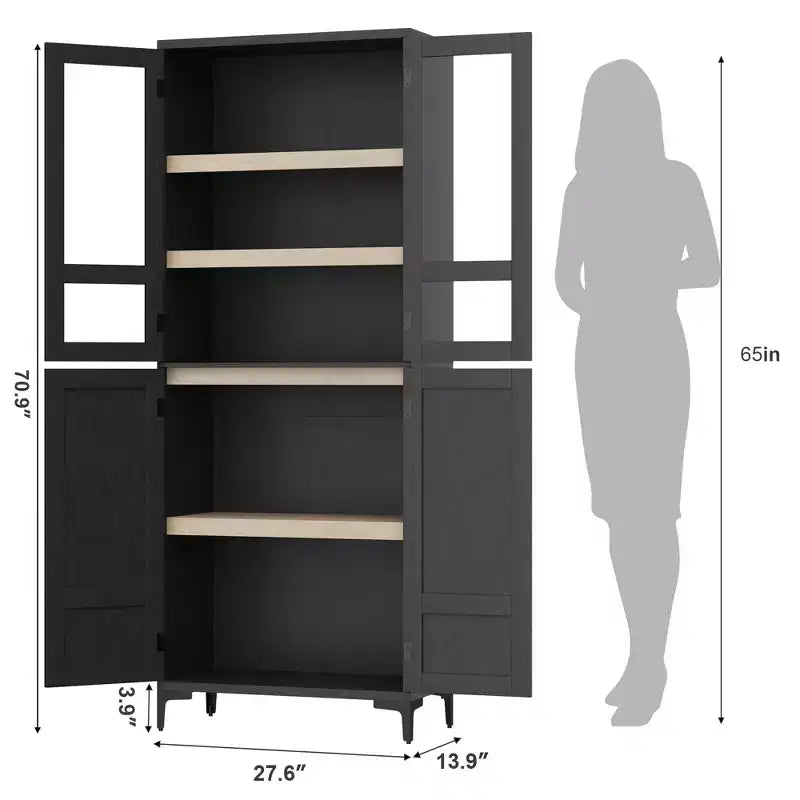 Armadio portaoggetti in vetro a 4 ante Beige / Nero / Bianco, mobile dispensa alto a 5 ripiani