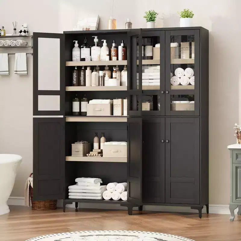 Armadio portaoggetti in vetro a 4 ante Beige / Nero / Bianco, mobile dispensa alto a 5 ripiani