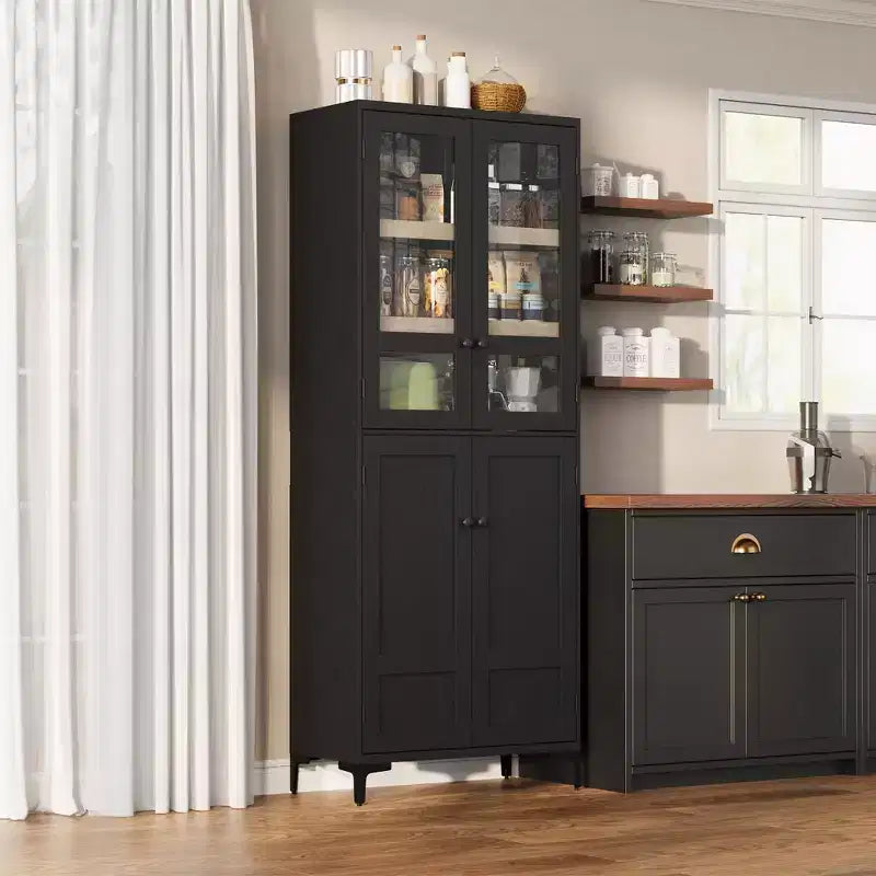 Armadio portaoggetti in vetro a 4 ante Beige / Nero / Bianco, mobile dispensa alto a 5 ripiani