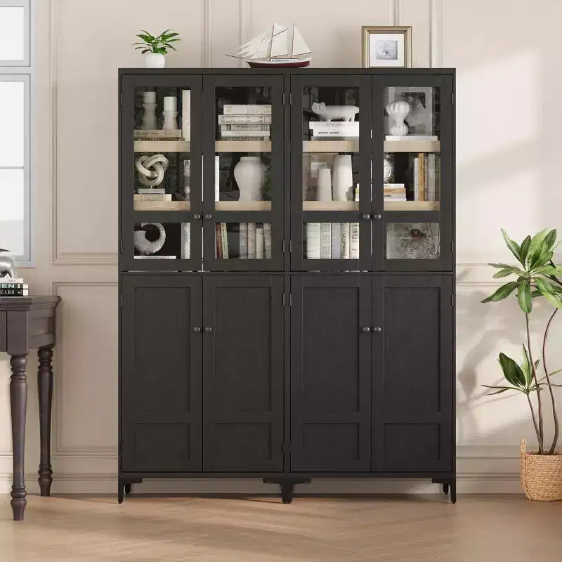 Armadio portaoggetti in vetro a 4 ante Beige / Nero / Bianco, mobile dispensa alto a 5 ripiani