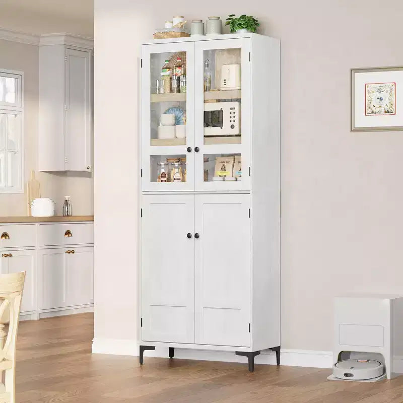 Armadio portaoggetti in vetro a 4 ante Beige / Nero / Bianco, mobile dispensa alto a 5 ripiani