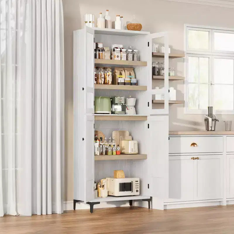 Armadio portaoggetti in vetro a 4 ante Beige / Nero / Bianco, mobile dispensa alto a 5 ripiani