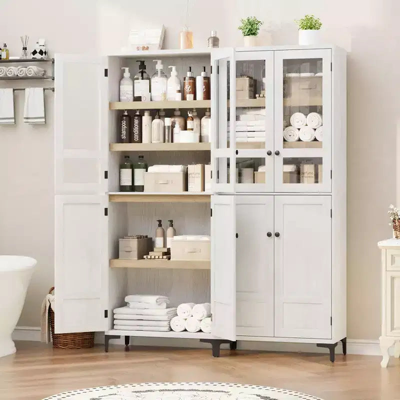 Armadio portaoggetti in vetro a 4 ante Beige / Nero / Bianco, mobile dispensa alto a 5 ripiani