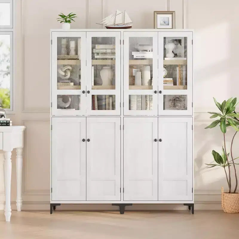 Armadio portaoggetti in vetro a 4 ante Beige / Nero / Bianco, mobile dispensa alto a 5 ripiani