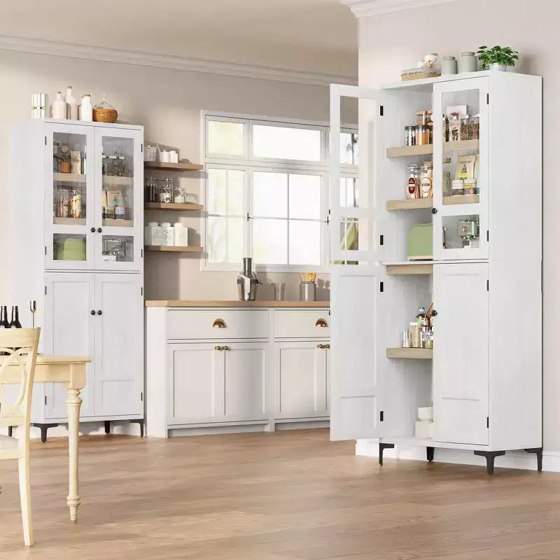 Armadio portaoggetti in vetro a 4 ante Beige / Nero / Bianco, mobile dispensa alto a 5 ripiani