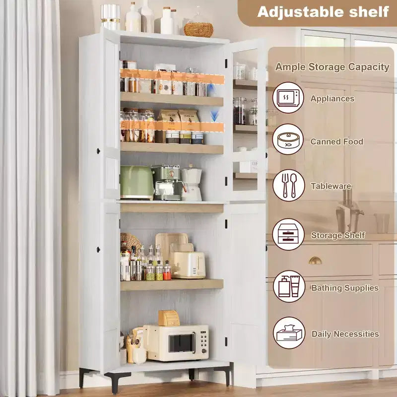 Armadio portaoggetti in vetro a 4 ante Beige / Nero / Bianco, mobile dispensa alto a 5 ripiani