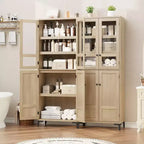 Armadio portaoggetti in vetro a 4 ante Beige / Nero / Bianco, mobile dispensa alto a 5 ripiani