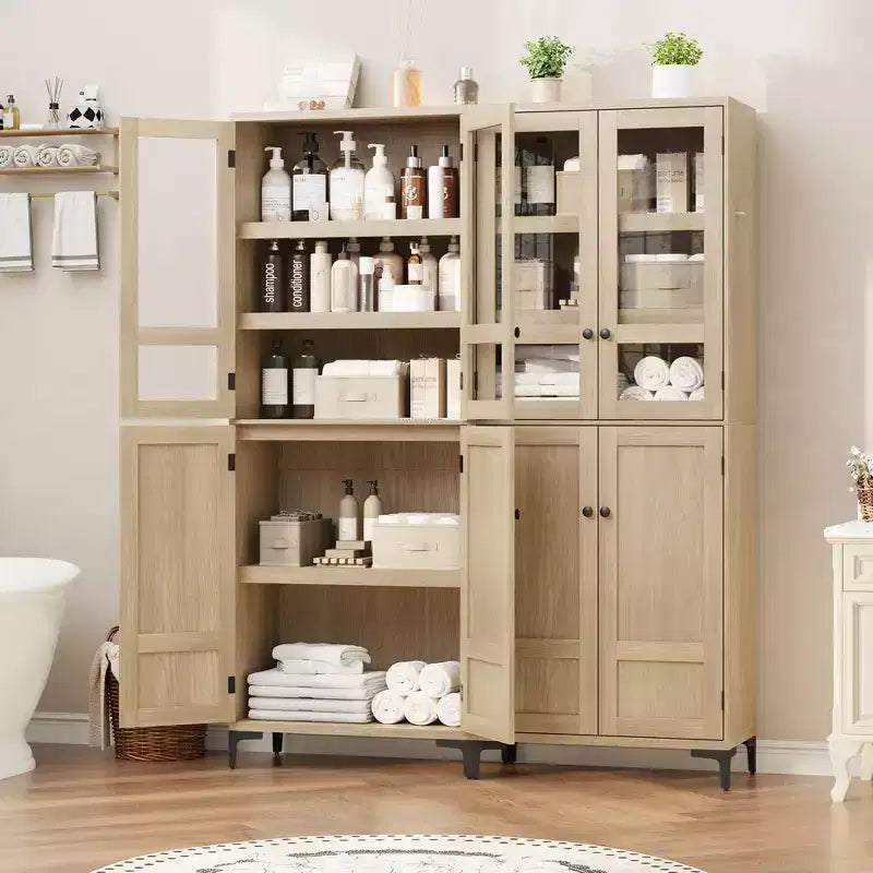 Armadio portaoggetti in vetro a 4 ante Beige / Nero / Bianco, mobile dispensa alto a 5 ripiani