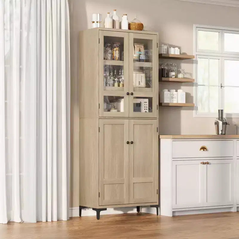 Armadio portaoggetti in vetro a 4 ante Beige / Nero / Bianco, mobile dispensa alto a 5 ripiani