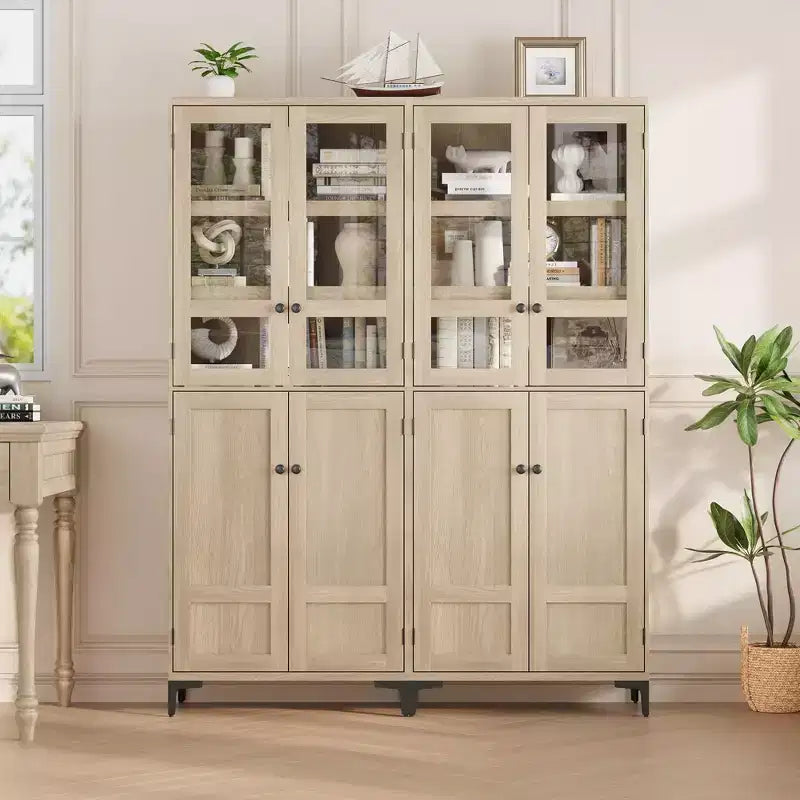 Armadio portaoggetti in vetro a 4 ante Beige / Nero / Bianco, mobile dispensa alto a 5 ripiani