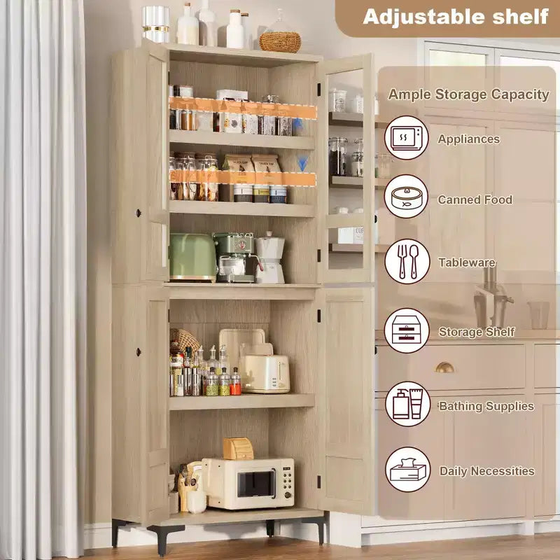 Armadio portaoggetti in vetro a 4 ante Beige / Nero / Bianco, mobile dispensa alto a 5 ripiani