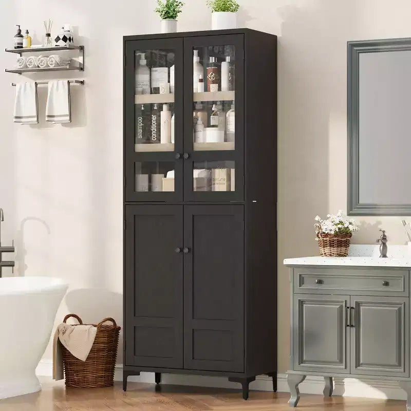 Armadio portaoggetti in vetro a 4 ante Beige / Nero / Bianco, mobile dispensa alto a 5 ripiani