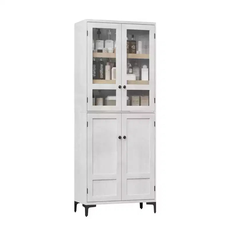 Armadio portaoggetti in vetro a 4 ante Beige / Nero / Bianco, mobile dispensa alto a 5 ripiani