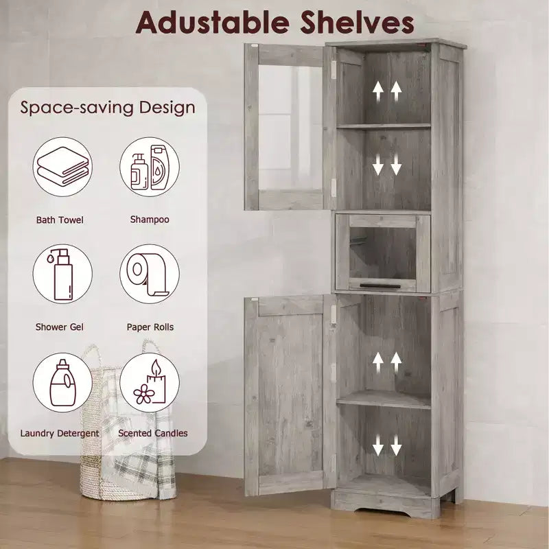 Armadietto contenitore sottile da 170 cm con ante in vetro – Rovere bianco americano / Grigio / Colore retrò, largo 40 cm o 60 cm, singolo