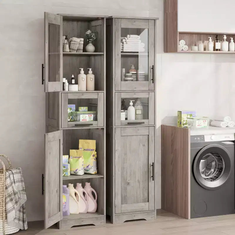 Armadietto contenitore sottile da 170 cm con ante in vetro – Rovere bianco americano / Grigio / Colore retrò, largo 40 cm o 60 cm, singolo