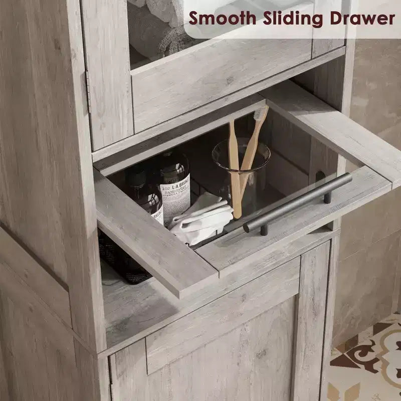 Armadietto contenitore sottile da 170 cm con ante in vetro – Rovere bianco americano / Grigio / Colore retrò, largo 40 cm o 60 cm, singolo