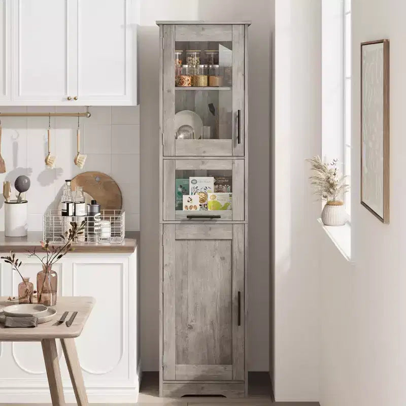 Armadietto contenitore sottile da 170 cm con ante in vetro – Rovere bianco americano / Grigio / Colore retrò, largo 40 cm o 60 cm, singolo