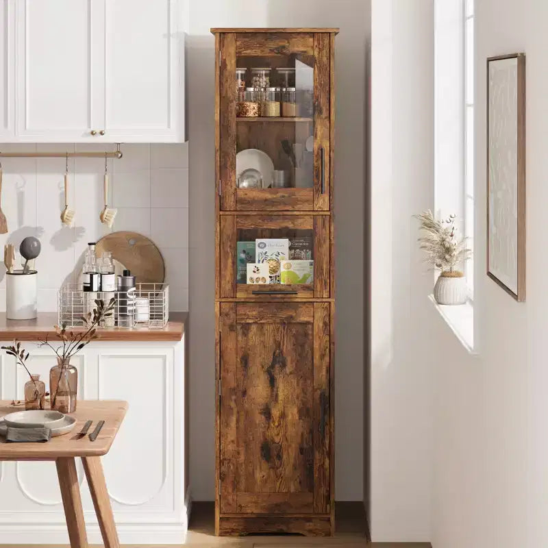 Armadietto contenitore sottile da 170 cm con ante in vetro – Rovere bianco americano / Grigio / Colore retrò, largo 40 cm o 60 cm, singolo