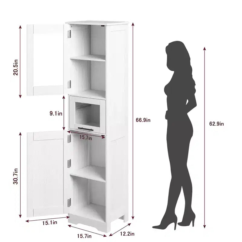Armadietto contenitore sottile da 170 cm con ante in vetro – Rovere bianco americano / Grigio / Colore retrò, largo 40 cm o 60 cm, singolo