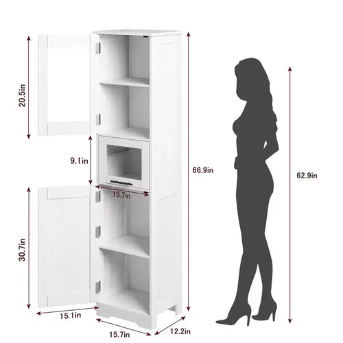 Armadietto contenitore sottile da 170 cm con ante in vetro – Rovere bianco americano / Grigio / Colore retrò, largo 40 cm o 60 cm, singolo