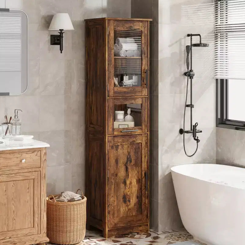 Armadietto contenitore sottile da 170 cm con ante in vetro – Rovere bianco americano / Grigio / Colore retrò, largo 40 cm o 60 cm, singolo
