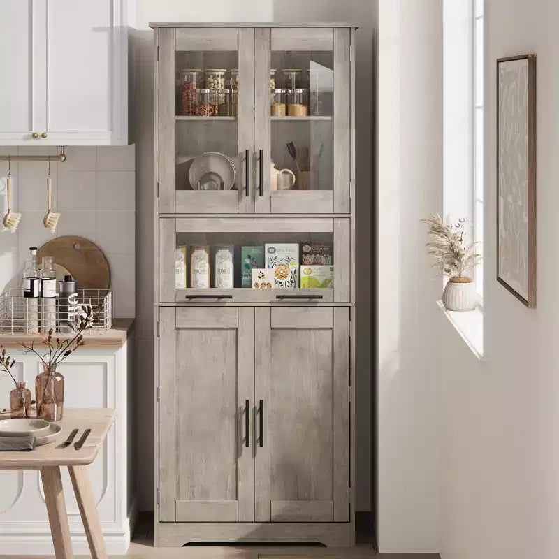 Armadietto contenitore sottile da 170 cm con ante in vetro – Rovere bianco americano / Grigio / Colore retrò, largo 40 cm o 60 cm, singolo