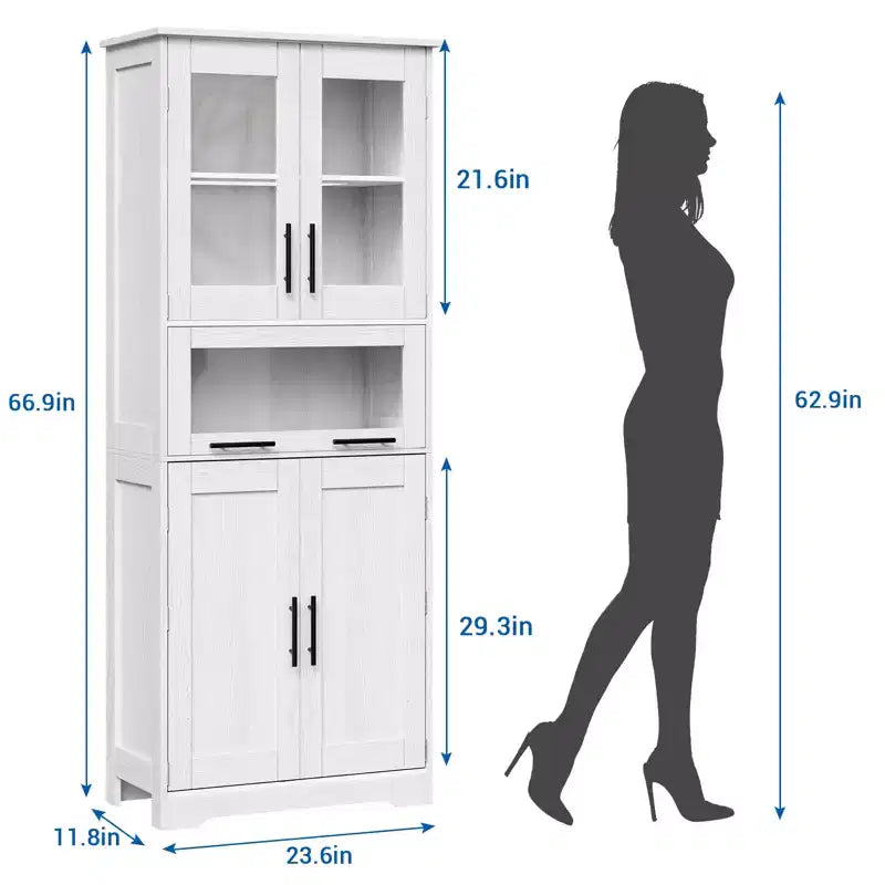 Armadietto contenitore sottile da 170 cm con ante in vetro – Rovere bianco americano / Grigio / Colore retrò, largo 40 cm o 60 cm, singolo
