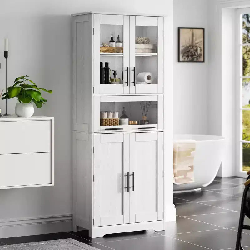 Armadietto contenitore sottile da 170 cm con ante in vetro – Rovere bianco americano / Grigio / Colore retrò, largo 40 cm o 60 cm, singolo