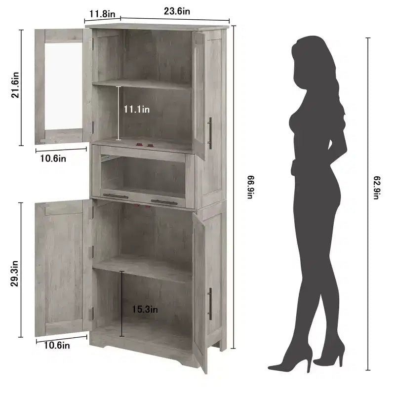Armadietto contenitore sottile da 170 cm con ante in vetro – Rovere bianco americano / Grigio / Colore retrò, largo 40 cm o 60 cm, singolo