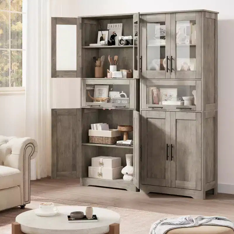 Armadietto contenitore sottile da 170 cm con ante in vetro – Rovere bianco americano / Grigio / Colore retrò, largo 40 cm o 60 cm, singolo
