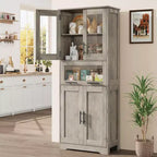 Armadietto contenitore sottile da 170 cm con ante in vetro – Rovere bianco americano / Grigio / Colore retrò, largo 40 cm o 60 cm, singolo