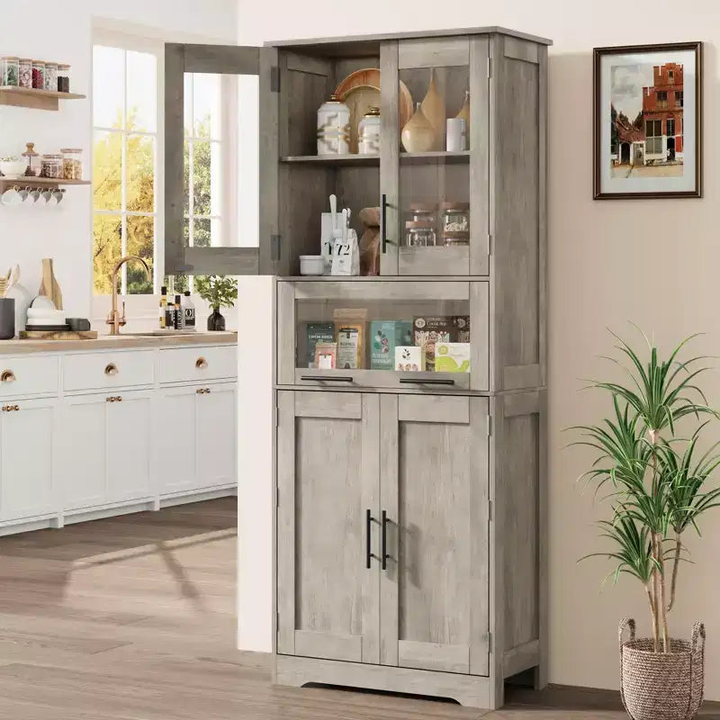 Armadietto contenitore sottile da 170 cm con ante in vetro – Rovere bianco americano / Grigio / Colore retrò, largo 40 cm o 60 cm, singolo