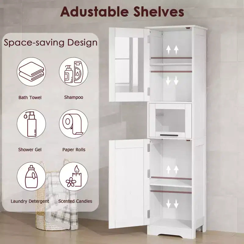 Armadietto contenitore sottile da 170 cm con ante in vetro – Rovere bianco americano / Grigio / Colore retrò, largo 40 cm o 60 cm, singolo