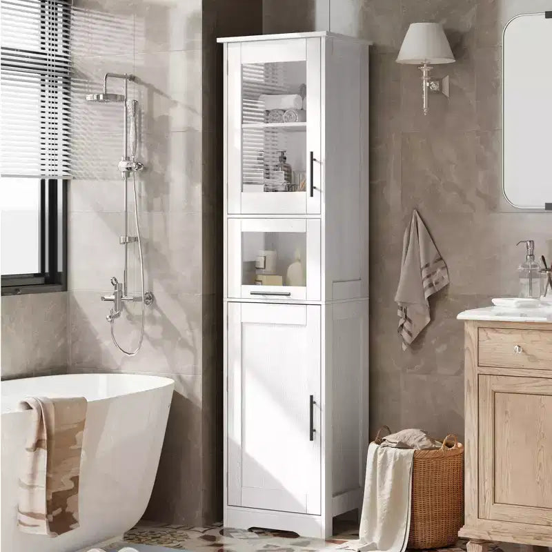 Armadietto contenitore sottile da 170 cm con ante in vetro – Rovere bianco americano / Grigio / Colore retrò, largo 40 cm o 60 cm, singolo