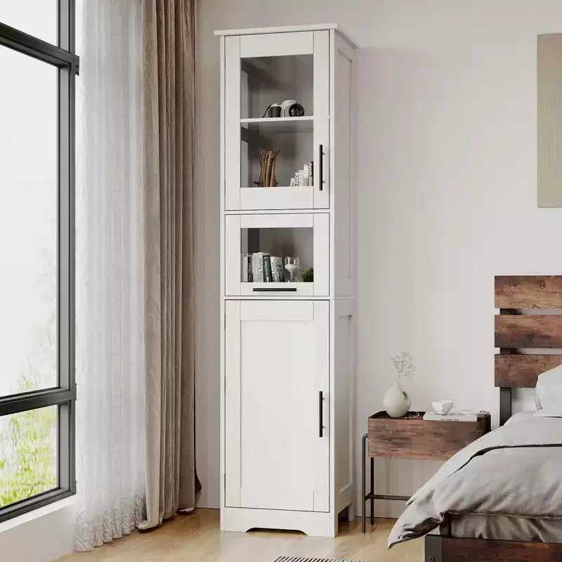 Armadietto contenitore sottile da 170 cm con ante in vetro – Rovere bianco americano / Grigio / Colore retrò, largo 40 cm o 60 cm, singolo