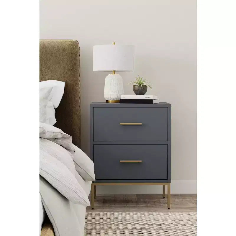 Comodino a 2 cassetti grigio ardesia, rettangolare, 1 persona