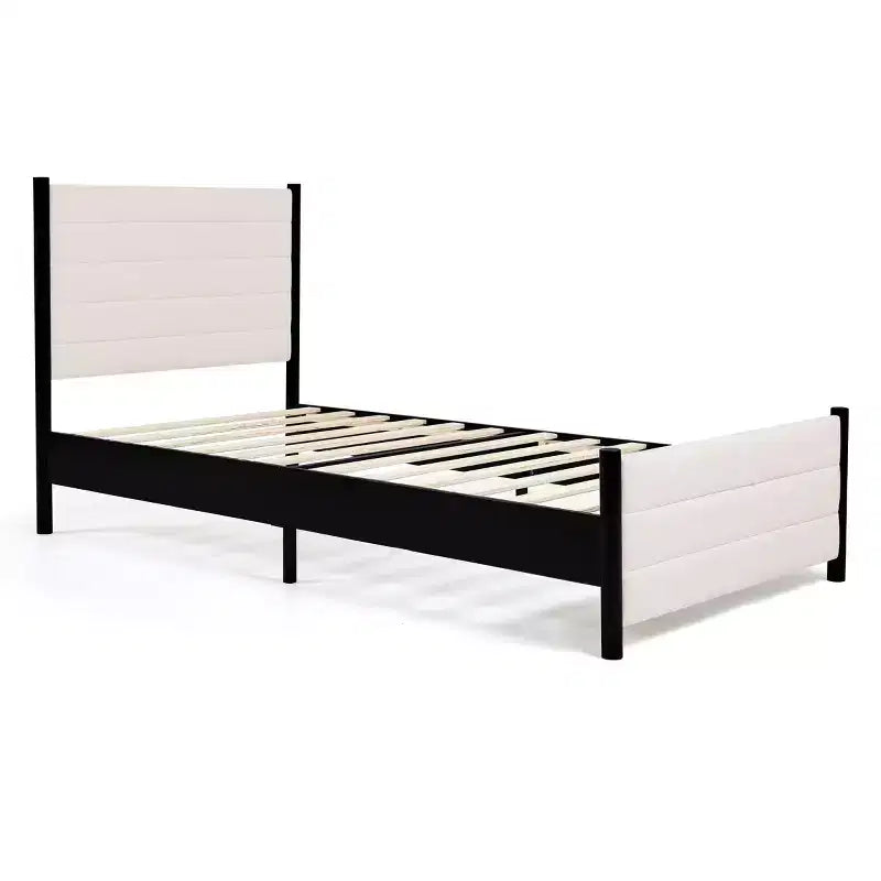 Struttura letto a piattaforma con testiera ad ali in lino beige | Non richiede materasso a molle | 1-2 persone