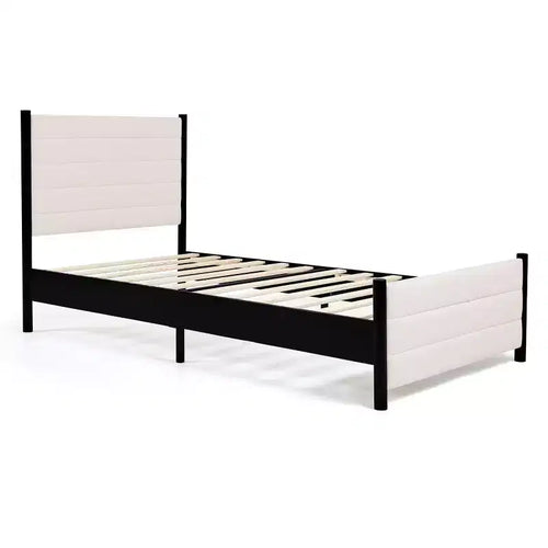 Struttura letto a piattaforma con testiera ad ali in lino beige | Non richiede materasso a molle | 1-2 persone