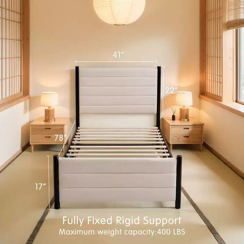 Struttura letto a piattaforma con testiera ad ali in lino beige | Non richiede materasso a molle | 1-2 persone