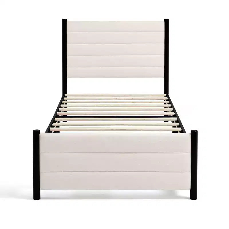 Struttura letto a piattaforma con testiera ad ali in lino beige | Non richiede materasso a molle | 1-2 persone