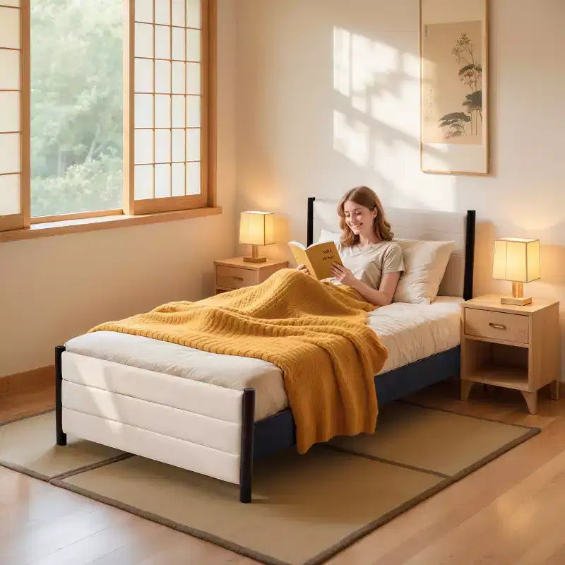 Struttura letto a piattaforma con testiera ad ali in lino beige | Non richiede materasso a molle | 1-2 persone