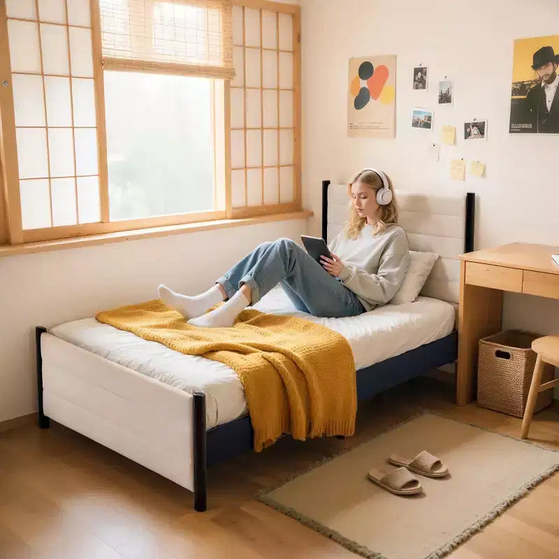 Struttura letto a piattaforma con testiera ad ali in lino beige | Non richiede materasso a molle | 1-2 persone