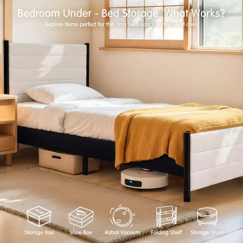 Struttura letto a piattaforma con testiera ad ali in lino beige | Non richiede materasso a molle | 1-2 persone